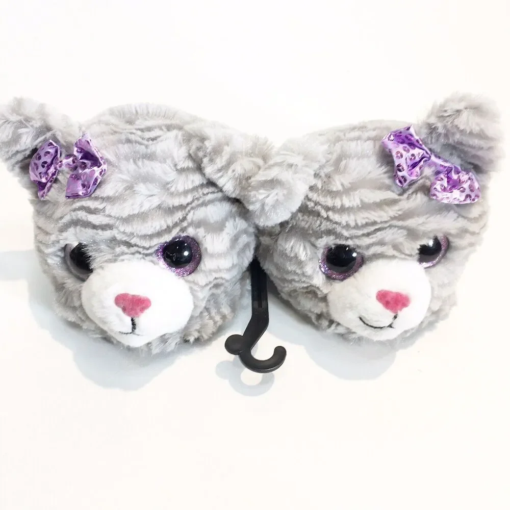 Dan Dee‎ Girls Fuzzy Gray Cat Purple Bow Slippers House Shoes Size Small 11/12